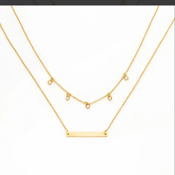 Gold tone double layer necklace w/ glass gems - Picture 2 of 3